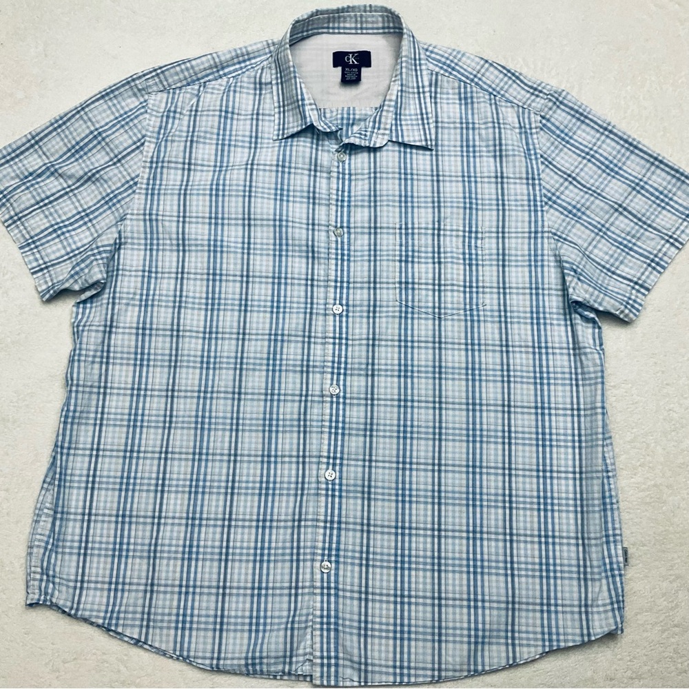 CALVIN KLEIN Blue Plaid Button Down Short Sleeve Shirt | Men’s XL